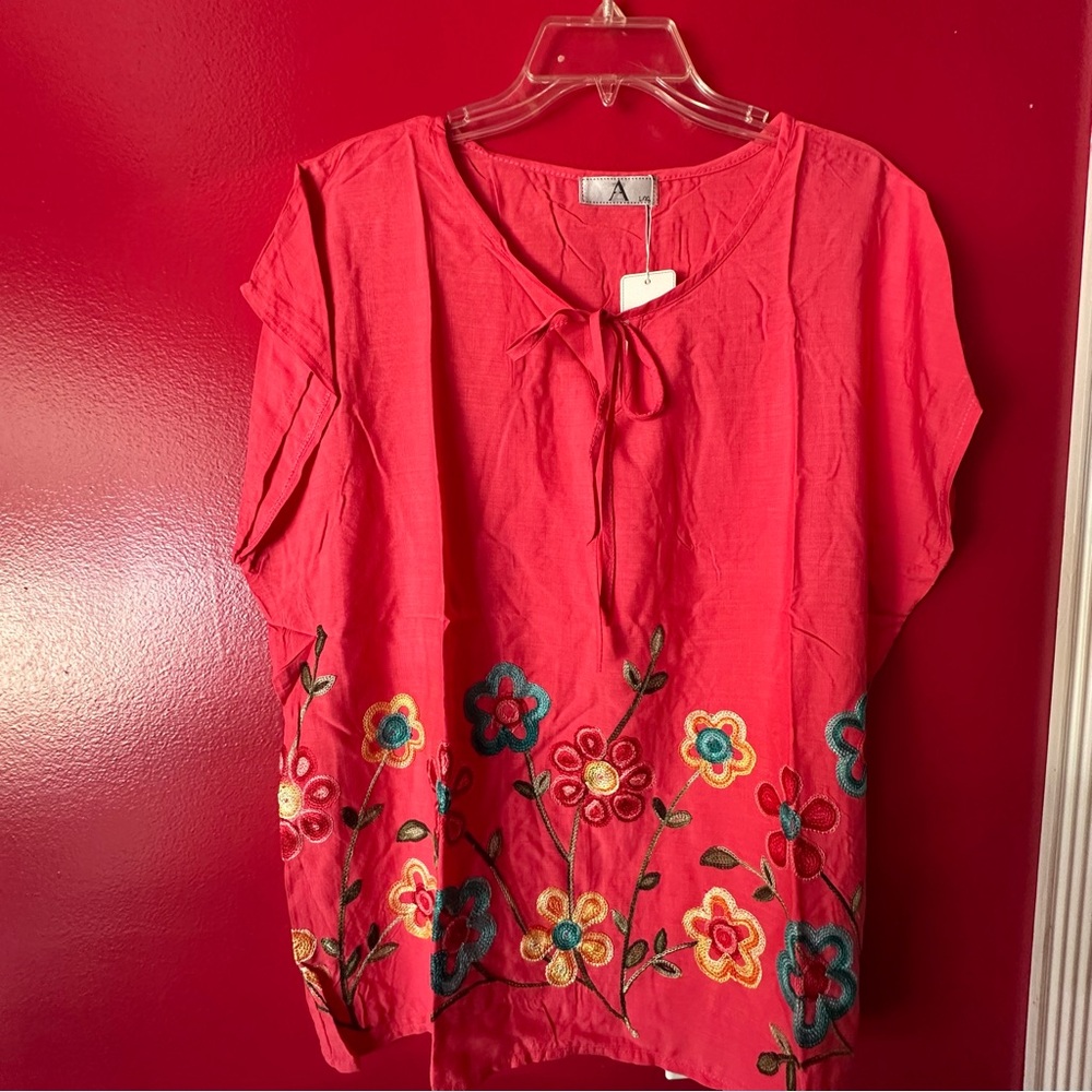 Floral Embroidered Red Top